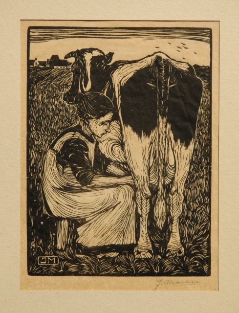 Mankes J.  | Milking a cow, woodcut on paper 19.2 x 14.2 cm, signed with mon in the block and l.r. in full (in pencil) and executed in 1914