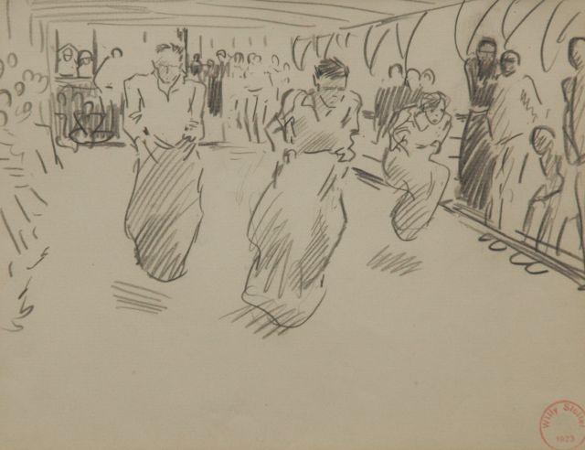 Sluiter J.W.  | A sack race on deck, pencil on paper 17.3 x 21.7 cm, signed l.r. and on the reverse with the artist's stamp and dated 1923