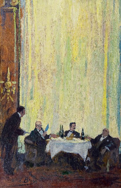 Richard Bloos | In the restaurant, Paris, oil on panel, 61.9 x 40.3 cm, signed l.l.