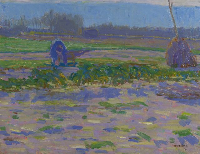 Wiegman M.J.M.  | A farmer working in the fields, oil on canvas 32.3 x 41.6 cm, signed l.r. and dated '09