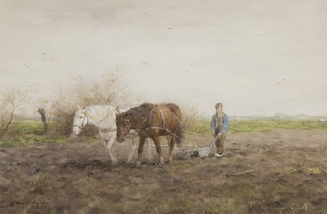 Adriaan Groenewegen | Ploughing farmer, watercolour on paper, 35.2 x 52.4 cm, signed l.l.