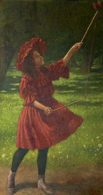 Schiavon V.  | A girl with a diabolo, oil on canvas 155.1 x 81.5 cm, signed l.r.