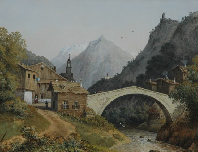 Josephus Augustus Knip | A view of a bridge near the Monte Cervino, Switzerland, watercolour and gouache on paper, 22.1 x 29.1 cm, gedateerd op loden beschermblad Junij 1842