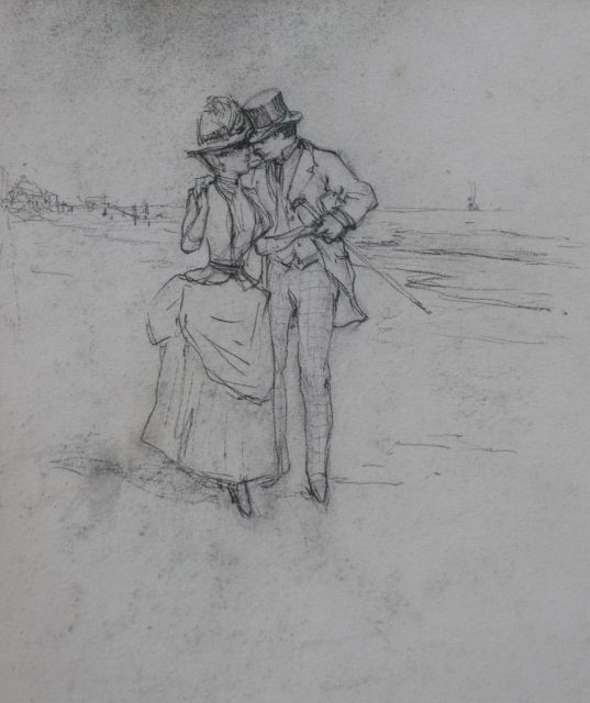 Frederik Hendrik Kaemmerer | Courtship on the beach of Scheveningen, black chalk on paper, 31.9 x 33.1 cm, executed ca. 1885-1902