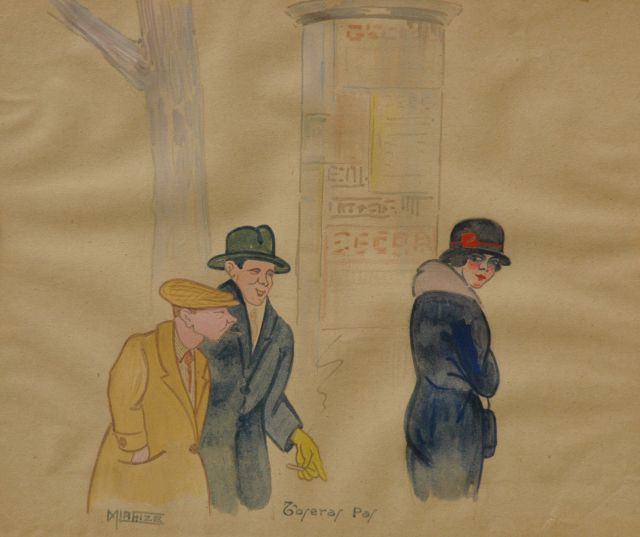 M. la Flize | Flirtation, watercolour on paper laid down on cardboard, 23.4 x 28.2 cm, signed l.l.