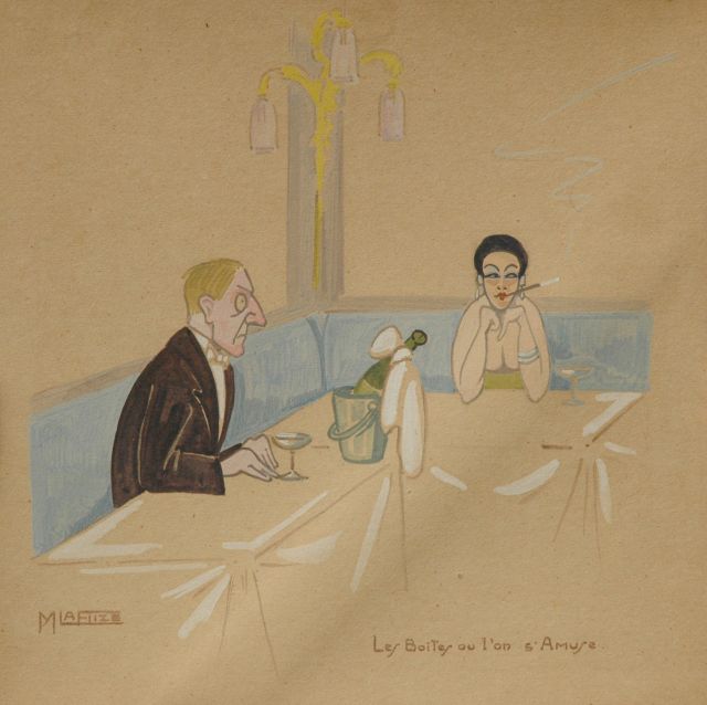M. la Flize | The nightclub, watercolour on paper laid down on cardboard, 23.2 x 23.4 cm, signed l.l.
