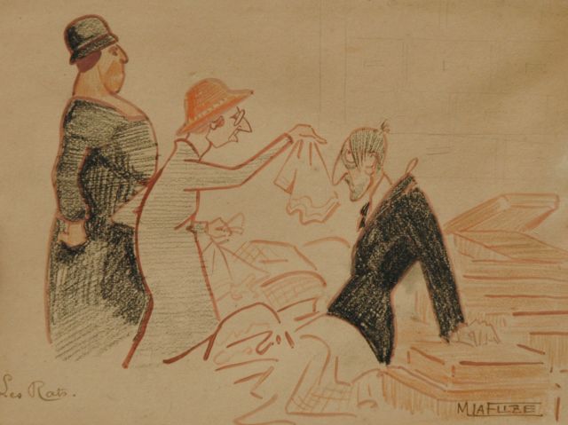 Flize M. la | The snatchers, chalk and watercolour on paper 17.4 x 23.9 cm, signed l.r.