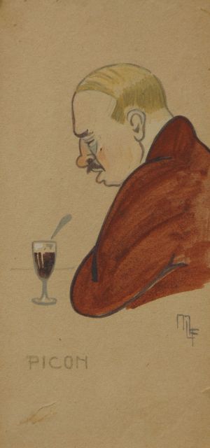 Flize M. la | The glass of picon, watercolour on cardboard 20.1 x 9.7 cm, signed l.r. with monogram