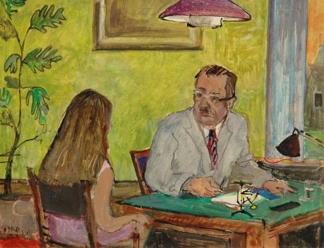 Kamerlingh Onnes H.H.  | The consultation, oil on board 30.1 x 38.3 cm, signed l.l. with monogram and dated '73