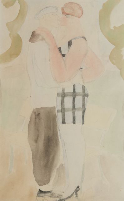 Ferdinand Erfmann | The kiss, pencil and watercolour on paper, 50.0 x 32.7 cm