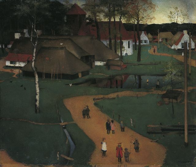 Johannes Baptist Mulders | View of a village with children on a path, oil on paper laid down on board, 61.2 x 71.0 cm, signed l.r. and dated 1926
