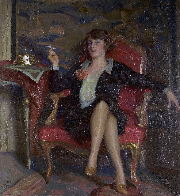 Reusing R.F.  | A portrait of a smoking lady, oil on panel 151.2 x 137.8 cm, signed l.l. and dated 1927