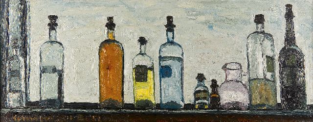 Schrofer W.  | Still life with bottles, oil on canvas 36.8 x 95.1 cm, signed l.l. and executed on 13-III-'52