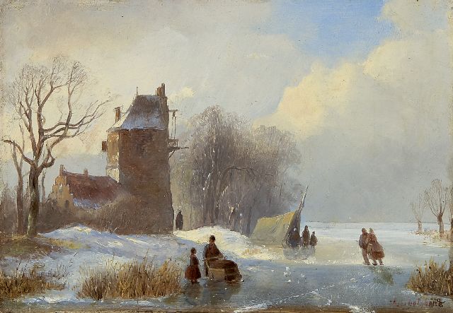 Jan Jacob Spohler | A winter landscape with skaters, oil on panel, 16.8 x 23.8 cm