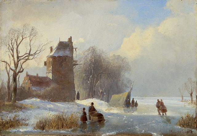 Spohler J.J.  | A winter landscape with skaters, oil on panel 16.8 x 23.8 cm