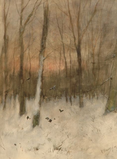 Mauve A.  | A snowy forest at sunset, watercolour on paper 48.0 x 35.0 cm, signed l.r.