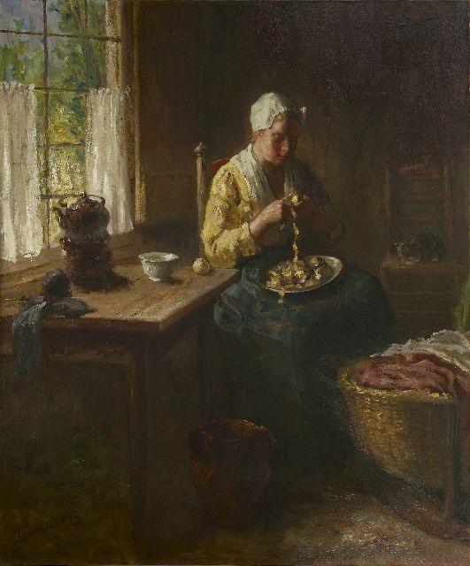 Hoog J.B. de | Peeling potatoes, oil on canvas 120.3 x 100.3 cm, signed l.l.