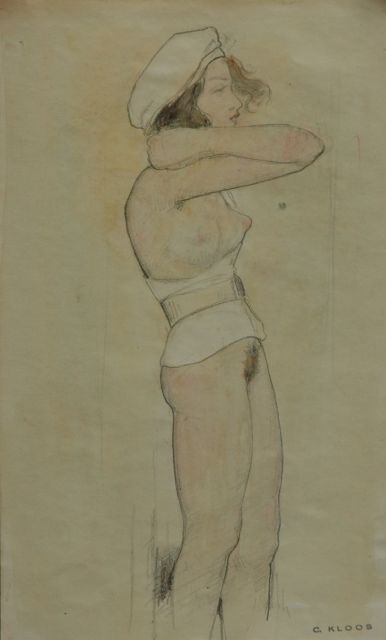 Cornelis Kloos | Nude with white jacket and white beret, pencil and watercolour on paper, 30.3 x 18.0 cm, signed l.r. with artist's stamp and executed on 12-2-1942