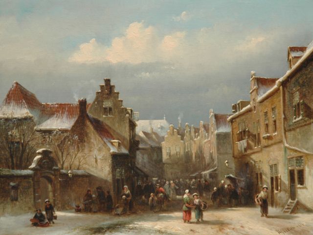 Petrus Gerardus Vertin | A market in winter, oil on panel, 23.1 x 30.2 cm, signed l.r. and dated '54