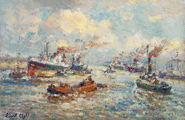 Moll E.  | A Rotterdam harbour scene, oil on panel 23.0 x 35.0 cm, signed l.l.