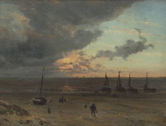 Willem van Deventer | A view of a beach with fishermen, oil on paper laid down on panel, 32.0 x 41.6 cm, signed l.r.