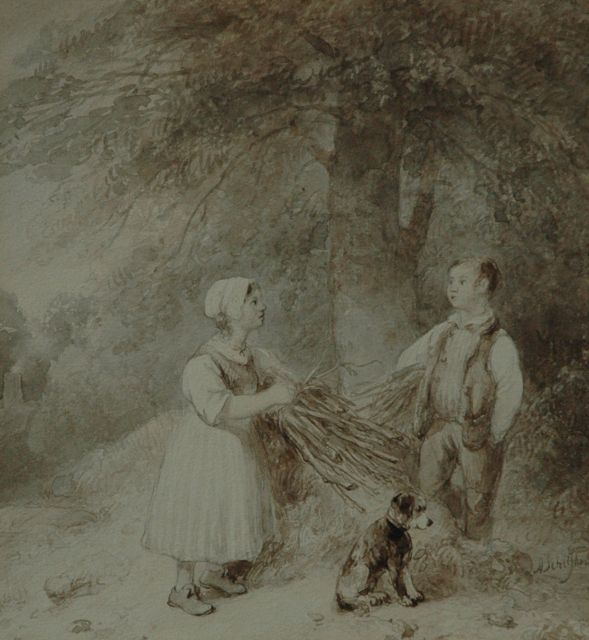 Schelfhout A.  | Children collecting firewood, washed ink on paper 21.3 x 19.2 cm, signed l.r.