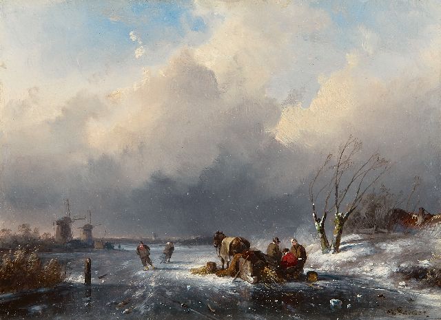 Charles Leickert | Land folk by a sledge on a frozen river, oil on panel, 15.2 x 20.7 cm, signed l.r.