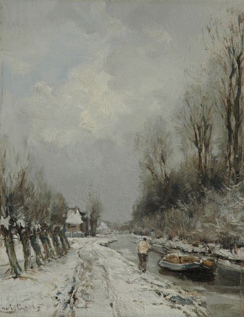 Louis Apol | A canal in the snow, oil on panel, 28.1 x 21.9 cm, signed l.l.