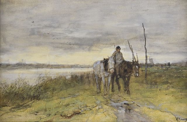 Anton Mauve | Horses along a towpath, watercolour on paper, 27.0 x 42.1 cm, signed l.r. and painted in the 1870's