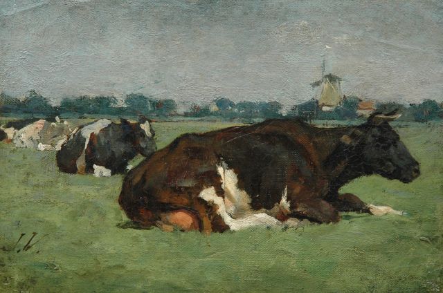 Jan Voerman sr. | Cows in a meadow, oil on canvas laid down on panel, 18.9 x 28.1 cm, signed l.l. with initials