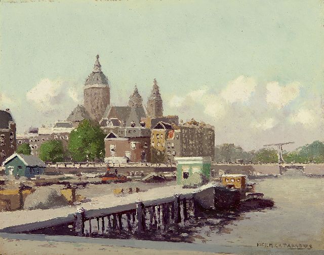 Herman Cornelis Adolf Paradies | The Oosterdok in Amsterdam with the Schreierstoren and St. Nicolaaskerk, oil on painter's board, 23.6 x 29.7 cm, signed l.r.