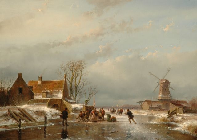 Schelfhout A.  | Skaters on a Dutch waterway, oil on panel 33.6 x 46.0 cm, signed l.l. and dated '56