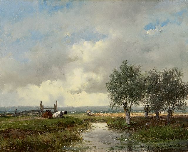 Andreas Schelfhout | A summer landscape with cattle and harvesting farmers, oil on panel, 18.0 x 22.3 cm, signed l.l. and dated '51