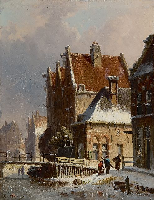 Eversen A.  | A snow covered canal in a Dutch town, oil on panel 19.1 x 14.7 cm, signed l.l. with monogram