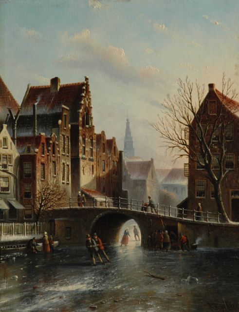 Johannes Franciscus Spohler | A town view in winter with the tower of the Amsterdam Zuiderkerk, oil on panel, 39.1 x 30.3 cm, signed l.r.