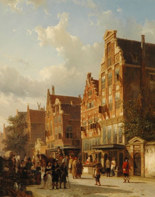 Cornelis Springer | The quasi-house of Rembrandt on the Sint Anthoniebreestraat, Amsterdam, with the entry of the Zuiderkerkhof, oil on panel, 50.6 x 40.4 cm, signed l.l. in full en with mon. l.l. on box and dated 1853