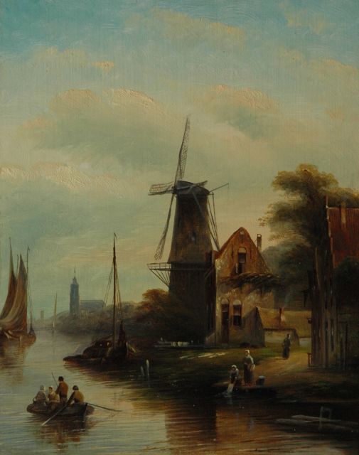 Jacob Jan Coenraad Spohler | A river landscape with a windmill, oil on panel, 27.1 x 21.3 cm