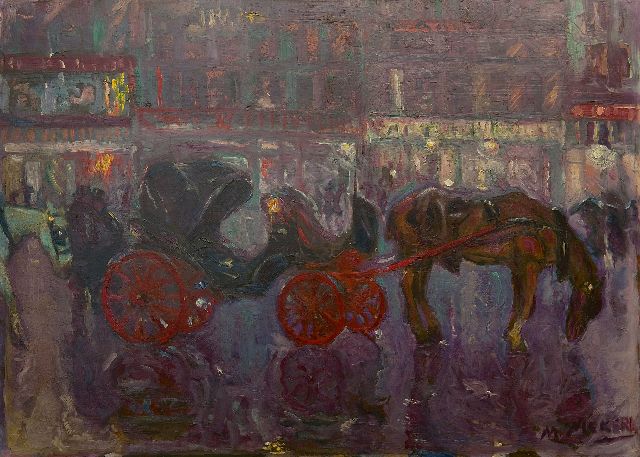 Niekerk M.J.  | Waiting carriages by night, Brussels, oil on board 61.3 x 84.5 cm, signed l.r. and painted ca. 1903-1908