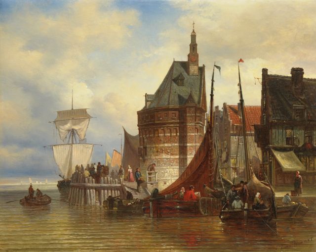 Elias Pieter van Bommel | Moored sailing vessels near the Hoofdtoren of Hoorn, oil on canvas, 42.5 x 53.0 cm, signed l.r. and dated on the stretcher Juni 1877