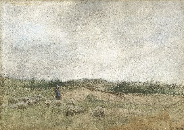 Anton Mauve | A shepherdess tending to her flock, watercolour on paper, 25.7 x 36.3 cm, signed l.r.