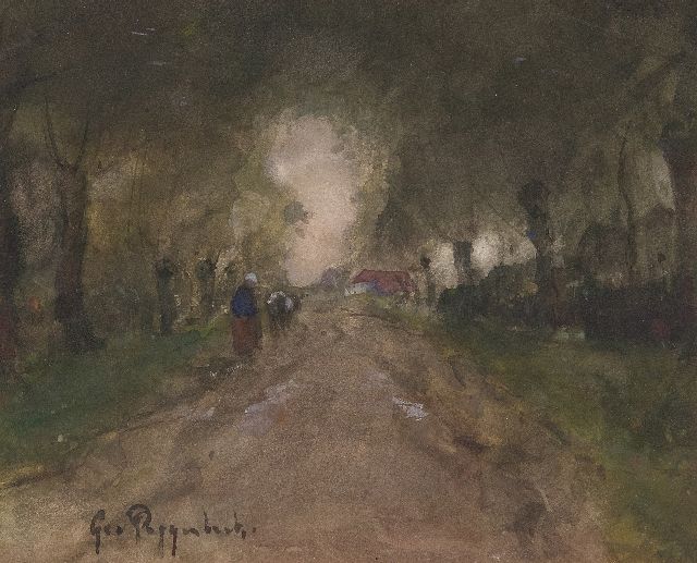 Poggenbeek G.J.H.  | Cowherd with cow on a country road, watercolour on paper 16.5 x 20.3 cm, signed l.l.