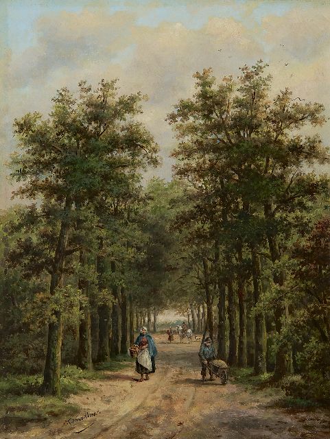 Voorn Boers S.T.  | Land folk on a sunny forest path, oil on panel 34.0 x 25.6 cm, signed l.l.