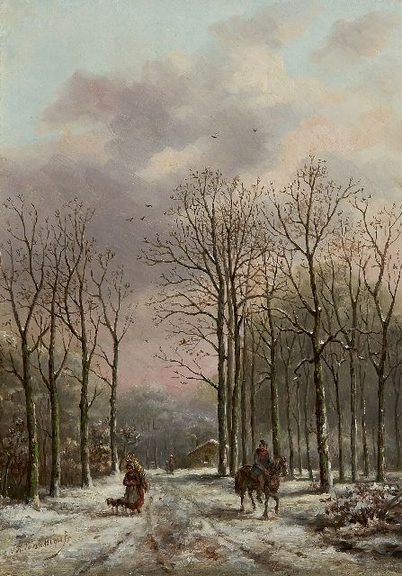 Voorn Boers S.T.  | A wooded path with figures, oil on panel 32.6 x 24.3 cm, signed l.l.