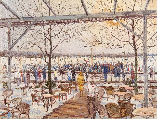 Herman Bieling | Skaters on the Bergse Achterplas near the Plaswijck Paviljoen, Rotterdam, oil on canvas, 43.5 x 56.6 cm, signed l.r.