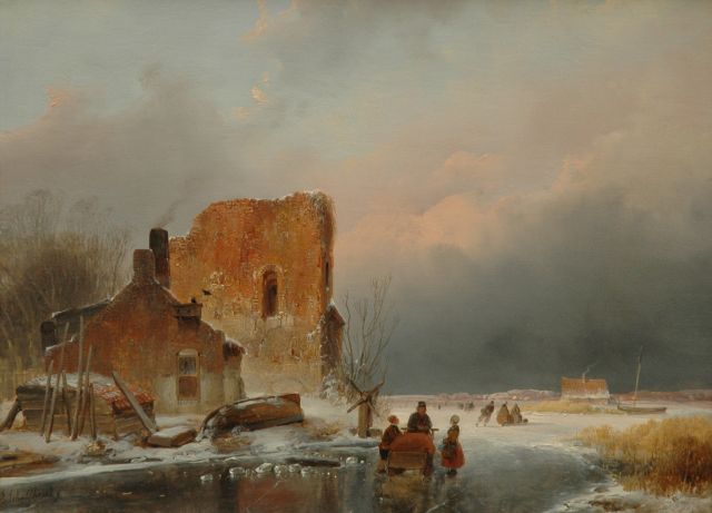 Schelfhout A.  | Winterlandscape with skaters, oil on panel 27.0 x 36.0 cm, signed l.l., and with a brandmark on the reverse and dated 1839 on the reverse