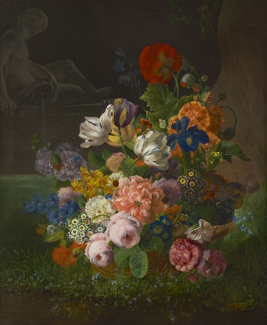 François van Geit | Flowers in a basket by a pond, oil on canvas, 96.8 x 80.3 cm