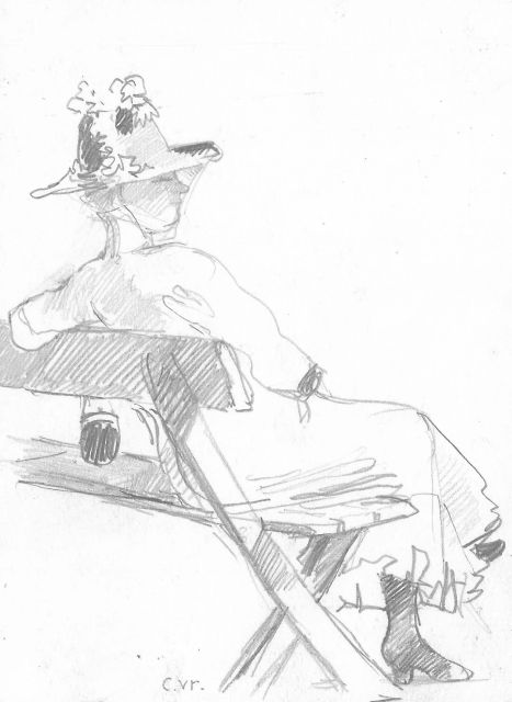 Vreedenburgh C.  | A young woman on a bench in a park, pencil on paper 15.9 x 12.0 cm, signed l.l. with initials