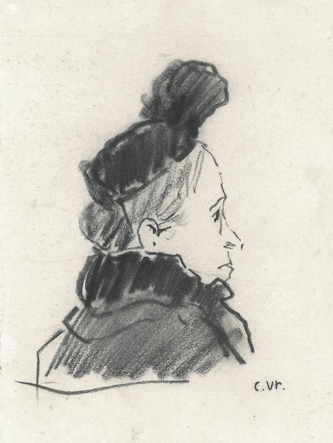Cornelis Vreedenburgh | Study of a woman with a fashionable hat, black chalk on paper, 10.3 x 9.3 cm, signed l.r. with initials