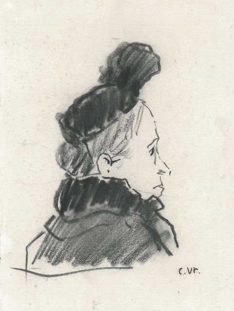 Vreedenburgh C.  | Study of a woman with a fashionable hat, black chalk on paper 10.3 x 9.3 cm, signed l.r. with initials