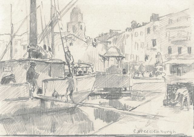 Cornelis Vreedenburgh | A view of a harbour, pencil on paper, 9.3 x 14.9 cm, signed l.r.
